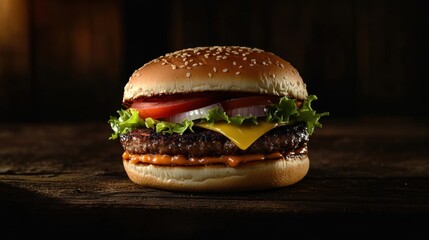 Wall Mural - Juicy Cheeseburger on Rustic Wooden Table