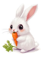 Adorable Anime Style Bunny Rabbit Holding Vibrant Orange Carrot on White Background