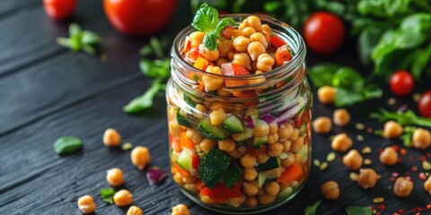 Vibrant hummus with fresh vegetables, chickpeas, and herbs.