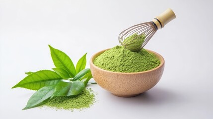 organic matcha green tea powder in bowl with wire whisk and green tea leaf on white background