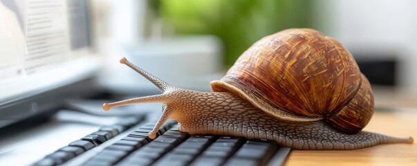 A close-up of a snail resting on a keyboard, showcasing its unique texture and color in a modern office setting.