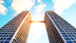 © Piya W. - Two high-rise buildings connected by bridge, corporate alliance or competition, 3D illustration