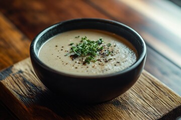 Canvas Print - Creamy Soup in Black Bowl on Wooden Surface