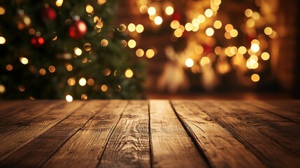 Poster - Empty wooden table with christmas theme in background 