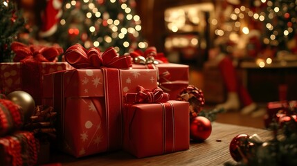 Poster - A festive display of beautifully wrapped presents with bows and ribbons on a wooden table, set against a background of holiday decorations in a cozy shop 