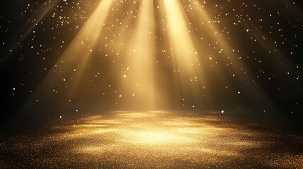 Wall Mural - Stage light and golden glitter lights on floor. Abstract gold background for display your product. Spotlight realistic ray