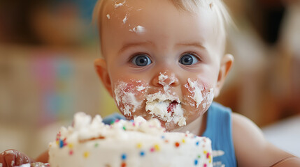 Canvas Print - baby eating delicious cake