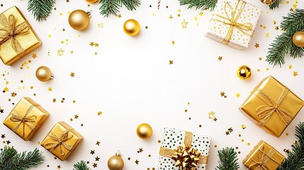 Poster - Christmas and New Year background. Gift boxes, golden balls and confetti on white background. Flat lay, top view, copy space.