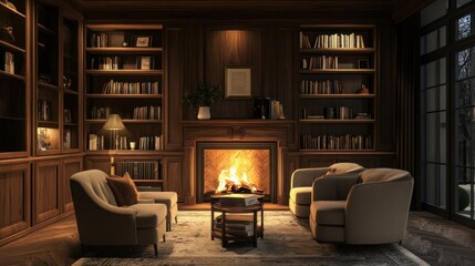 Wall Mural - Cozy Living Room with Fireplace and Bookshelves