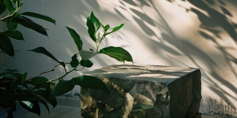 A peaceful garden spot featuring a stone staircase on a patio, surrounded by greenery. The sunlight filters through the trees casting shadows and highlighting the texture of the stone steps.