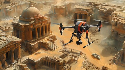 Illustrate a drone assisting in archaeological excavations, providing detailed aerial surveys of ancient sites and helping archaeologists uncover hidden treasures