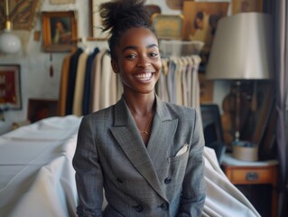 A confident young woman smiling at the camera, wearing a tailored business suit in a store setting.