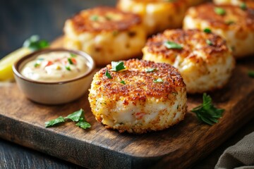 Closeup of Delicious Crab Cakes on Wooden Cutting Board