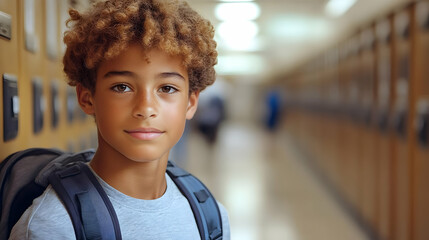 Wall Mural - A young boy with a backpack stands in a school hallway, smiling at the camera.