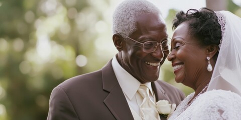 An elderly couple with joy and love on their faces. Celebrating a beautiful marriage in the sunlight.