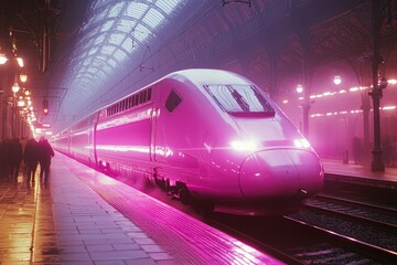 Pink Train Arriving at a Station in Foggy Night