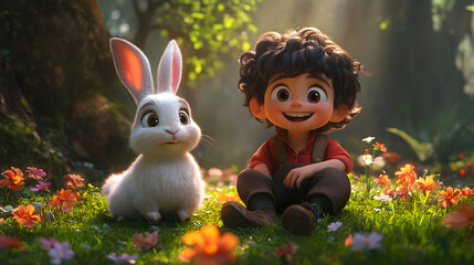 Wall Mural - A young boy with curly hair smiles happily at a white rabbit in a forest clearing.