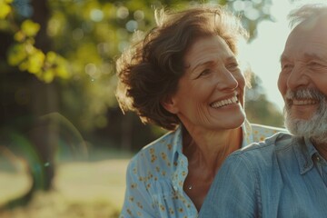 Wall Mural - Happy mature couple portrait outdoors with focus on woman.