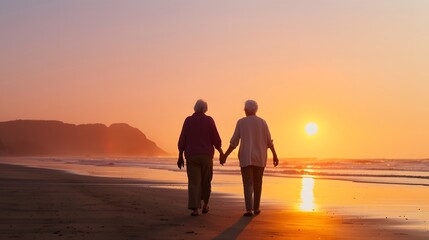 A couple walking on a beach at sunset. The man is holding the woman's hand. Scene is romantic and peaceful