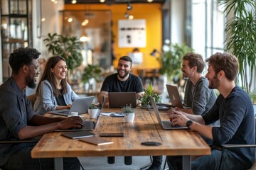 Poster - In a contemporary office setting, a collaborative business meeting is currently underway, designed specifically to foster engagement and stimulate creativity among all participating individuals