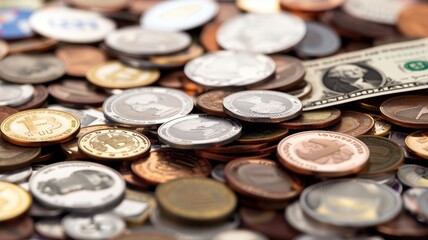 A collection of various coins and a dollar bill, symbolizing currency, finance, and the economy in a detailed close-up.