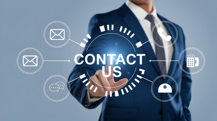 businessman pressing contact button technology concept 
