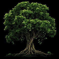 lush green tree with intertwined trunks and exposed roots against a black background