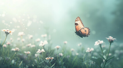 Wall Mural - A butterfly is flying over a field of flowers