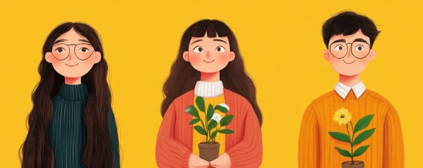 Three cheerful individuals hold potted plants against a bright yellow background, showcasing friendship and love for nature.