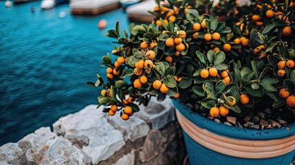 Sticker - A potted plant with small, yellowish-orange kumquats growing on it