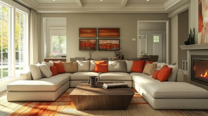 Wall Mural - Modern living room with sectional sofa and fireplace