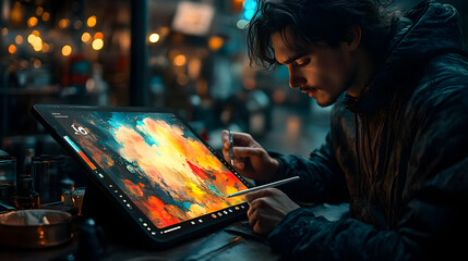 A young man in a dark jacket is using a digital pen to draw a colorful abstract painting on a tablet computer.