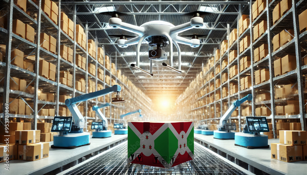An advanced warehouse filled with drones and robots managing inventory ...