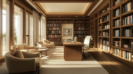 Wall Mural - A Modern Library with Wooden Bookshelves, a Desk, and Comfortable Seating