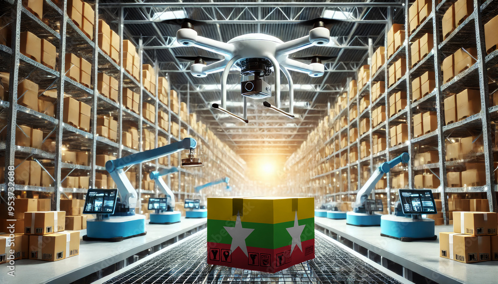 An advanced warehouse filled with drones and robots managing inventory ...