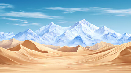 Poster - Digital illustration of a vast desert with sand dunes in the foreground and snowy mountains in the back. isolated. generative ai. Desert. Illustration