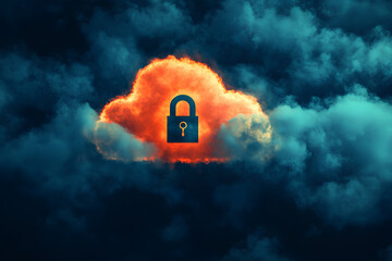 Wall Mural - An orange cloud with a padlock icon floating on a dark blue background,