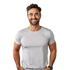 Portrait of a smiling confident man wearing T-shirt in a casual pose, studio photo, isolated on transparent background