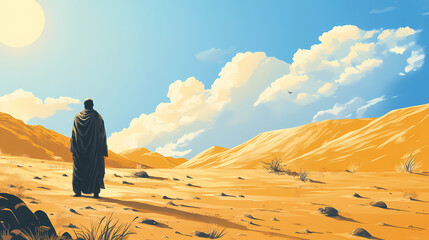 a man wearing old robe in a desert with a desert landscape and a desert scene. desert. illustration