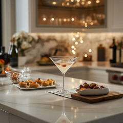 Lychee martini cocktail in a modern kitchen with appetizers on the counter