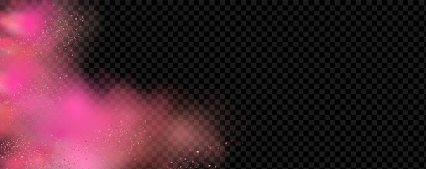 Pink powder dust with glittering shimmering swirls, shiny glitter design. Magical motion, sparkling lines on a black background.