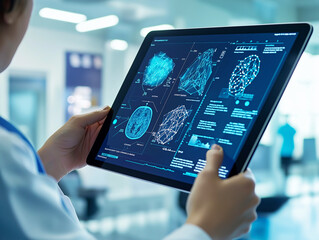 A doctor holding a tablet displaying complex medical data and digital models, analyzing information in a modern healthcare setting