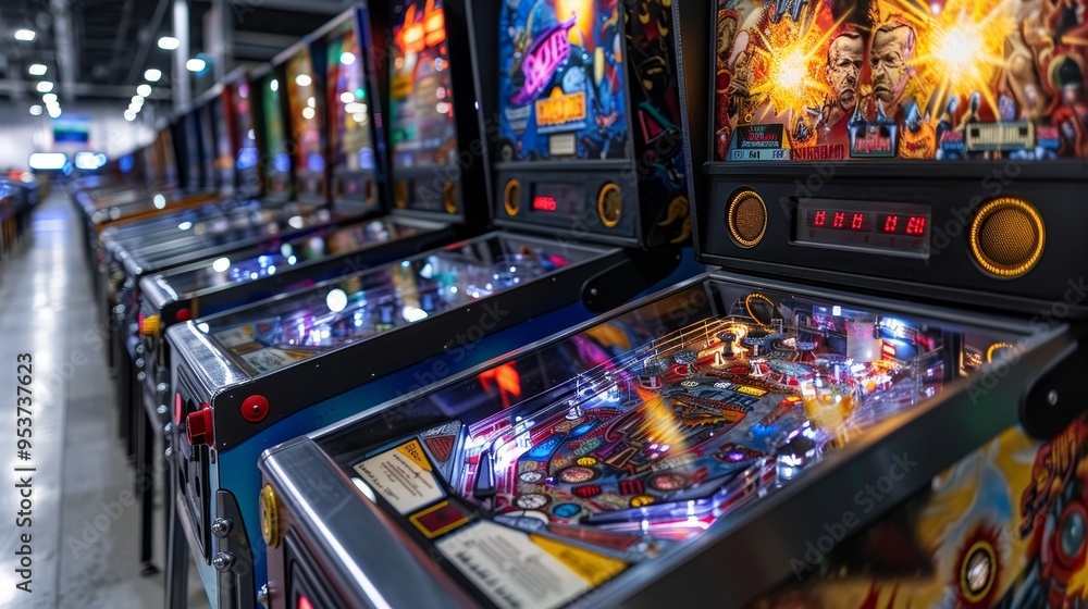 Arcade Pinball Machine Brightly lit vintage pinball machines showcased in a nostalgic arcade ...