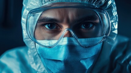 Close-up Portrait of a Person Wearing a Protective Suit and Goggles