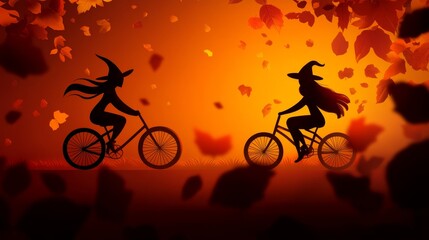 Poster - Two witches, dressed in pointed hats and flowing robes, ride bicycles through a picturesque autumn scene. Fall leaves cascade around them, symbolizing magic, change, and a sense of freedom. The witche