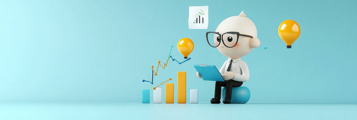 Poster - A cartoon character wearing glasses and a suit is sitting and reviewing data charts and graphs. There are light bulbs above the character symbolizing innovation and new ideas. The character is surroun