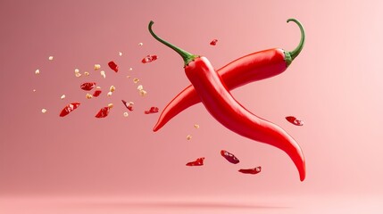 Two red chili peppers suspended in mid-air against a soft pink background, exploding into a shower of seeds and chili flakes, symbolizing passion, heat, and a burst of flavor.