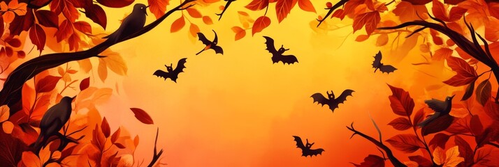 Sticker - A charming illustration featuring a whimsical autumnal scene with birds perched on branches and bats flying in the sunset sky, symbolizing the transition from fall to Halloween.