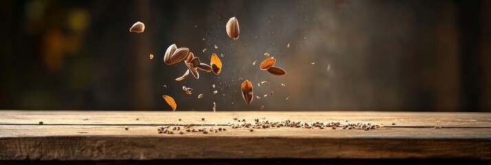 Poster - A close-up image of cloves falling onto a wooden surface. The cloves are in mid-air, with some already landing on the surface. The image evokes a sense of motion, energy, and the natural beauty of spi