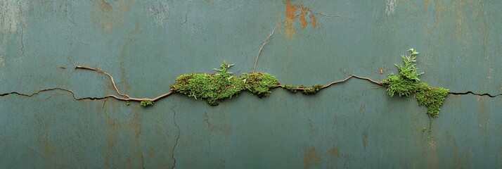 Poster - A close-up photograph of a weathered metal wall with a crack running horizontally across the surface. Green moss thrives in the crack, symbolizing resilience, adaptation, growth, nature's beauty, and 